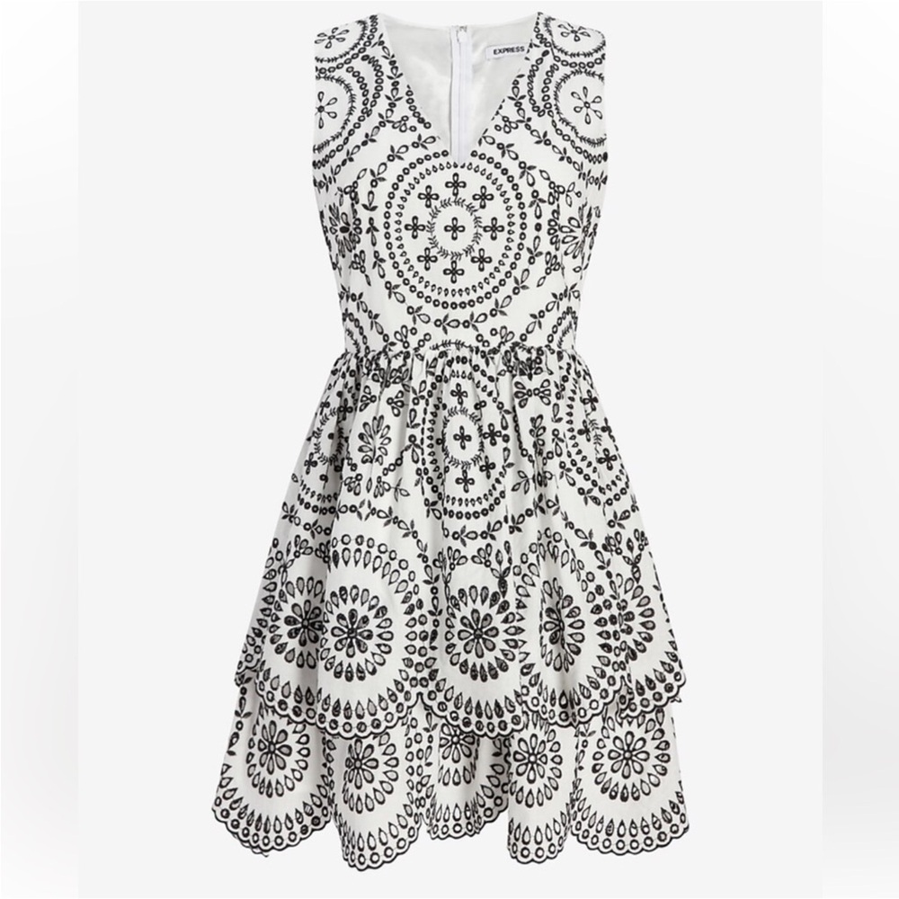 Express Black & White Embroidered Eyelet Tiered Fit & Flare Dress - Picture 11 of 12